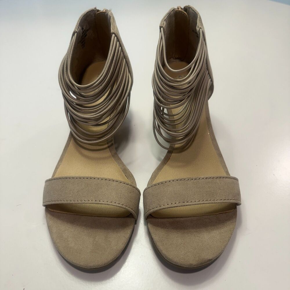 Taupe Suede Strappy Caged Low Wedge Heel Sandals‎ Size 7.5